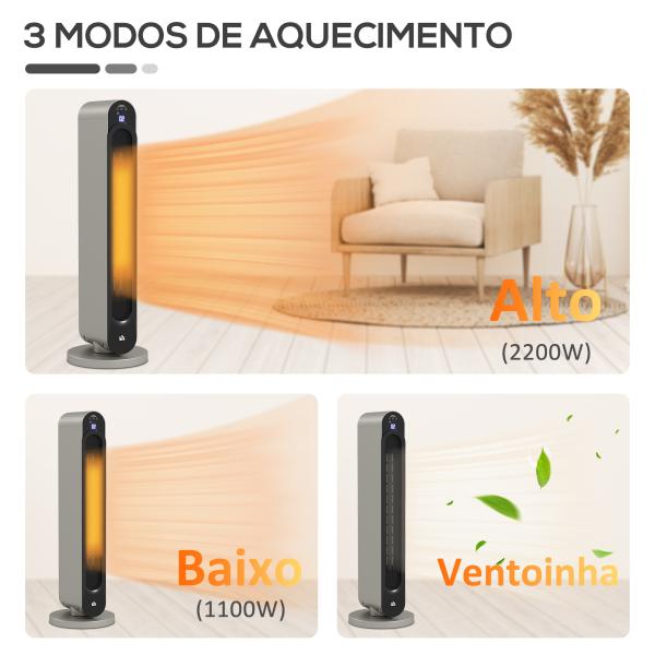Aquecedor Cerâmico de Torre 1100/2200W com Controlo Remoto Ecrã LED Temporizador de 12h Termostato 3 Modos Ø25x73,5 cm Prata e Preto