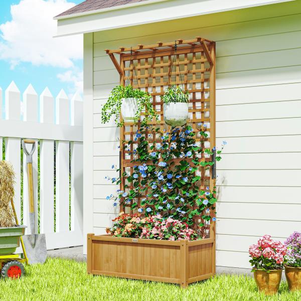 Floreira com Treliça de Madeira Caixa de Plantio com Suporte para Plantas Trepadeiras 90x45x183cm Madeira