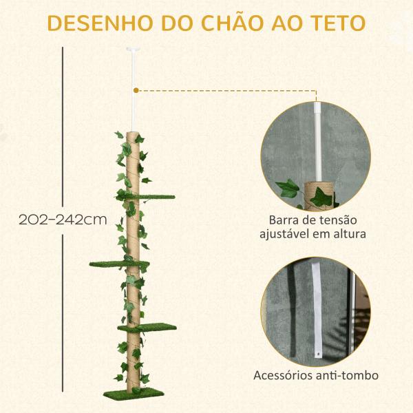 Árvore para Gatos do Chão ao Teto 37x21x202 - 242 cm com 4 Plataformas de Relva Artificial Folhas Artificiais e Poste de Juta Verde