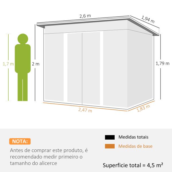 Abrigo de Jardim 4,5 m² 260x194x200 cm Abrigo Exterior Metálico com 2 Portas Deslizantes para Armazenamento de Ferramentas Verde