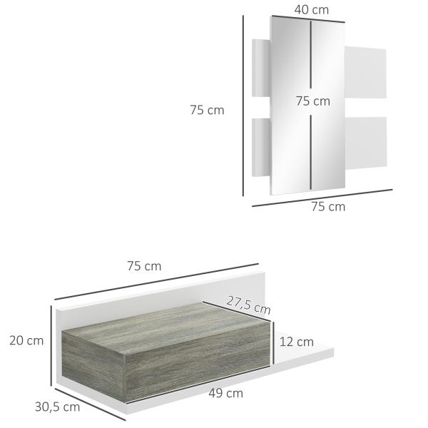 Conjunto de Móveis de Entrada com Espelho e Gaveta Móvel de Entrada Suspenso Estilo Moderno 75x3,5x75 cm e 75x30,5x20 cm Branco e Cinza