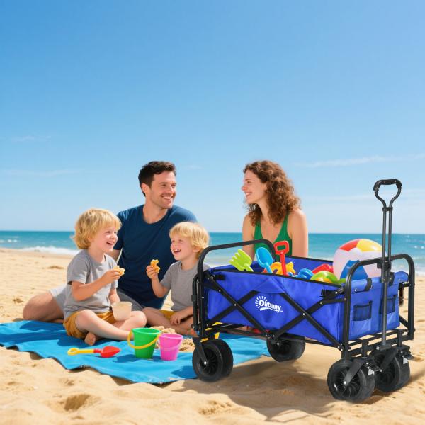 Carrinho de Transporte Dobrável para Jardim com Guiador Telescópico Capacidade 100 kg 99x57x77 - 100 cm Azul Escuro