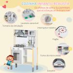 Cozinha Infantil de Madeira Cozinha para Crianças acima de 3 Anos com Altura Ajustável Luz Sons 60x30,5x93,2cm Branco e Cinza