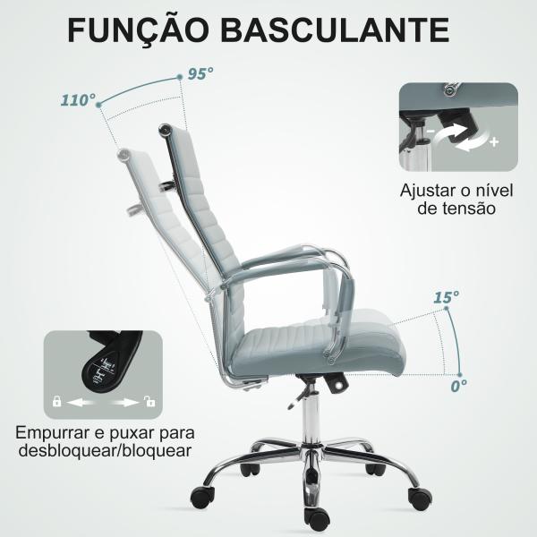 Cadeira de Escritório Giratoria 360° Inclinável com Altura Ajustável Rodas Apoio de Braços 54x62x104 - 114 cm Cinzento Claro