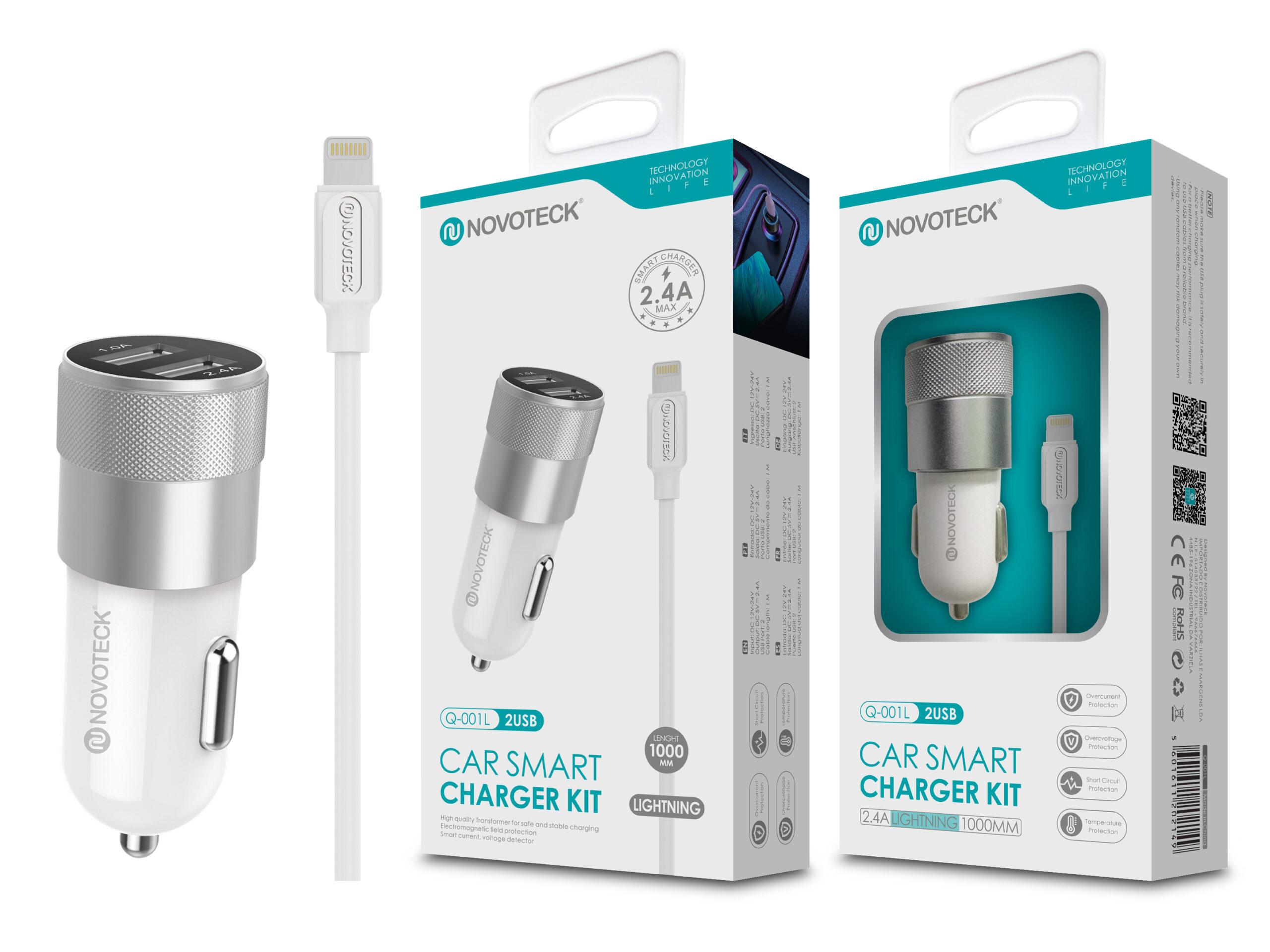 Kit Carregador Automóvel 2.4A 2 USB Branco com Cabo Lightning Q - 001L