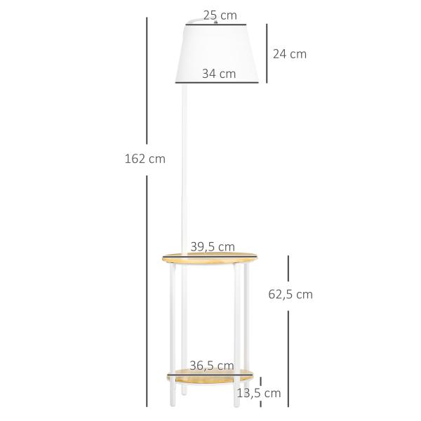 Candeeiro de Pé Moderno com Prateleira Suporte para Lâmpada E27 Máx. 40W com Ecrã de Linho Ø37x162cm Branco e Madeira