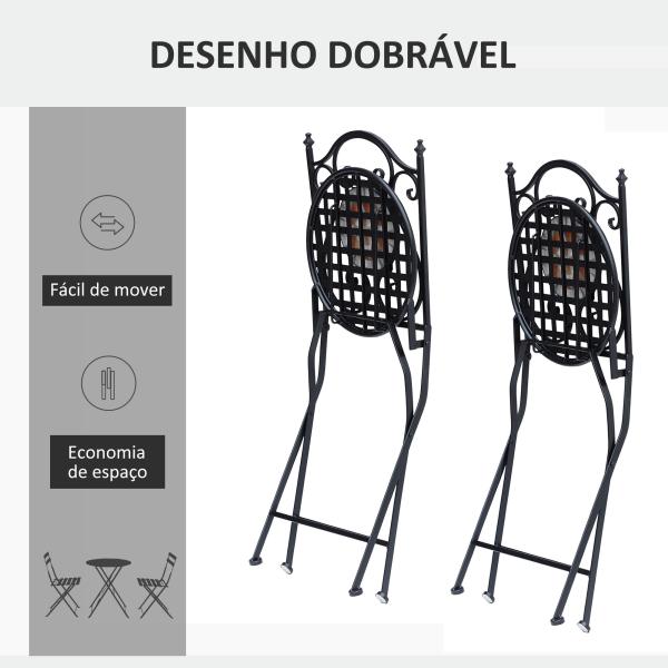 Conjunto de 2 Cadeiras Dobráveis de Jardim Cadeiras com Mosaico Carga Máxima 120 kg 50x40x94,5 cm Preto