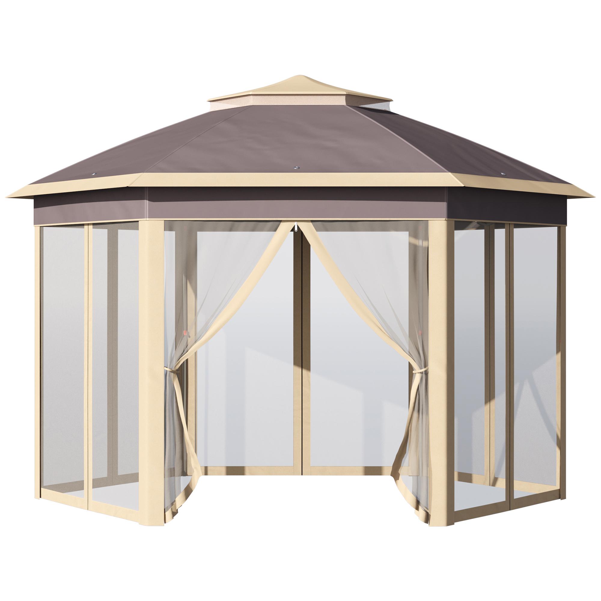 Tenda Dobrável 4,05x3,4x2,85 m Tenda de Jardim Hexagonal com 6 Mosquiteiras Amovíveis e Altura Ajustável Bege