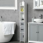 Coluna Casa de Banho com 3 Portas e 3 Prateleiras Abertas Coluna Auxiliar Estilo Moderno 15x17x120cm Branco e Cinza