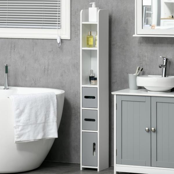 Coluna Casa de Banho com 3 Portas e 3 Prateleiras Abertas Coluna Auxiliar Estilo Moderno 15x17x120cm Branco e Cinza