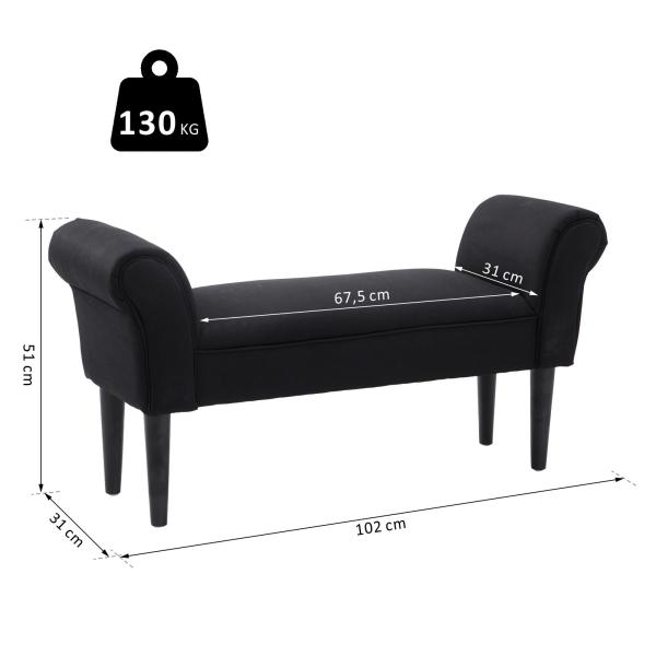Banco de Pé de Cama Banco com Braços Curvados Estofado e Pés de Madeira Carga Máxima 130kg 102x31x51cm Preto