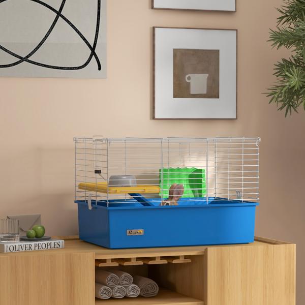 Gaiola para Visons com Bandeja Gaiola para Animais Pequenos com Plataforma Rampa Comedouro e Bebedouro 71x46x47 cm Branco e Azul
