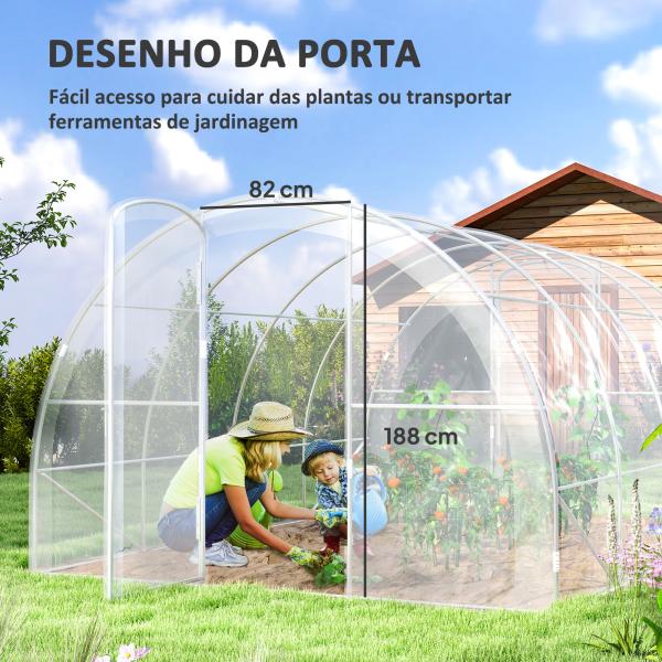 Estufa de Túnel 395x295x195 cm Estufa de Jardim com 2 Portas Estufa para Horticultura com Teto Arredondado Transparente