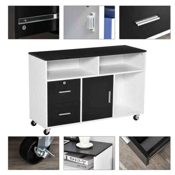 Móvel Auxiliar de Escritório Móvel Arquivador com Rodas Prateleiras Gaveta e Armário Multiuso com Grande Armazenamento 100x35x65cm Preto e Branco