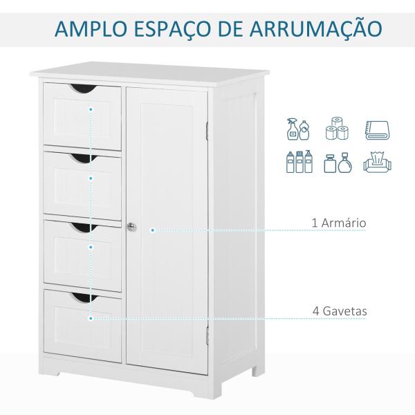 Armário Casa de Banho Móvel Auxiliar Organizador Moderno de Madeira com 1 Armário e Gavetas 56x30x83 cm Branco
