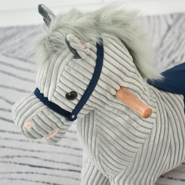 Baloiço Infantil de Cavalo para Crianças acima de 3 Anos Baloiço de Pelúcia com Sons de Relinchos e Galopes e Base de Madeira 73x35x64cm Azul e Cinza