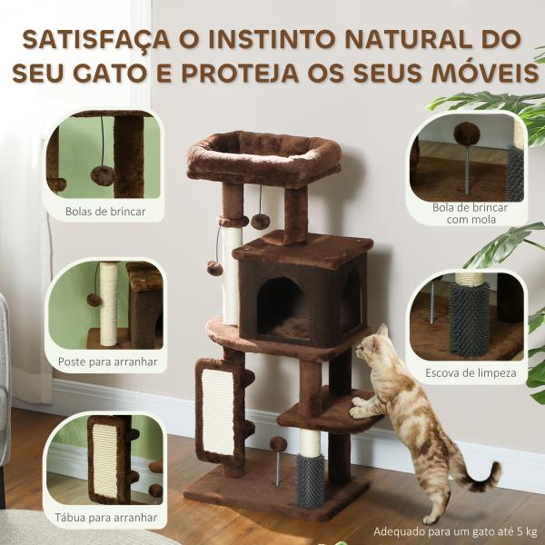 Arranhador para Gatos Grande Altura 104 cm com Plataformas Postes com Escova Bolas Suspensas e Almofadas para Arranhar Marrom