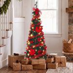 Árvore de Natal Artificial de 150 cm com 100 Luzes LED, 150 Ramos, 11 Modos, Bolas, Fitas e Base Dobrável, Verde e Vermelho