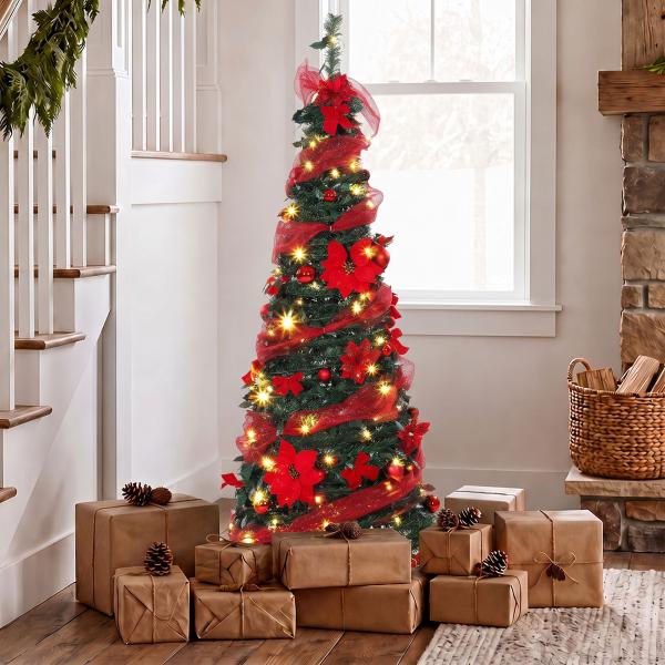 Árvore de Natal Artificial de 150 cm com 100 Luzes LED, 150 Ramos, 11 Modos, Bolas, Fitas e Base Dobrável, Verde e Vermelho