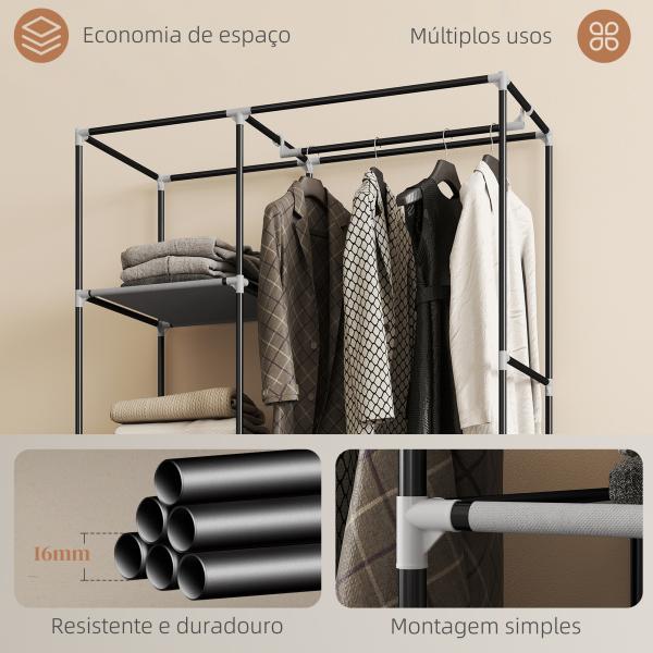 Roupeiro de Tecido Dobrável com 6 Prateleiras 1 Barra de Pendurar e Rodas para Dormitório Vestidor 103x43x162,5 cm Cinza