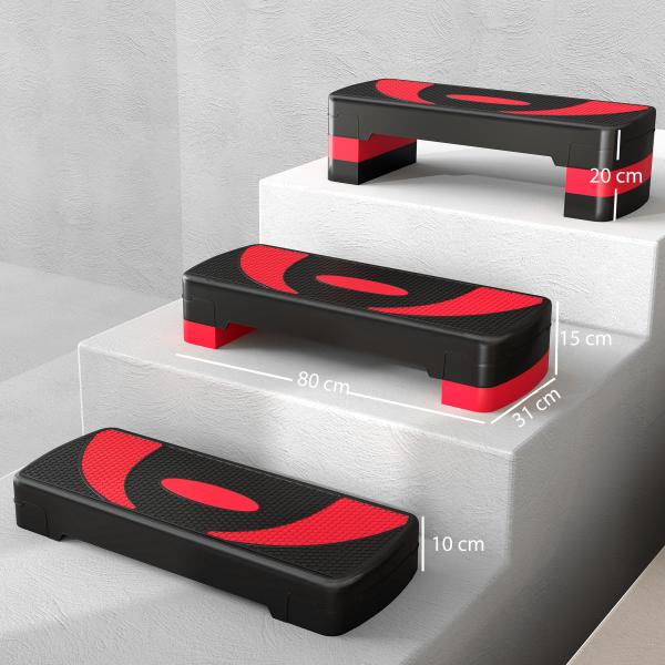 Step para Exercício Aeróbico Plataforma Step com Altura Ajustável em 3 Níveis 80x31x10 - 20 cm Vermelho e Preto