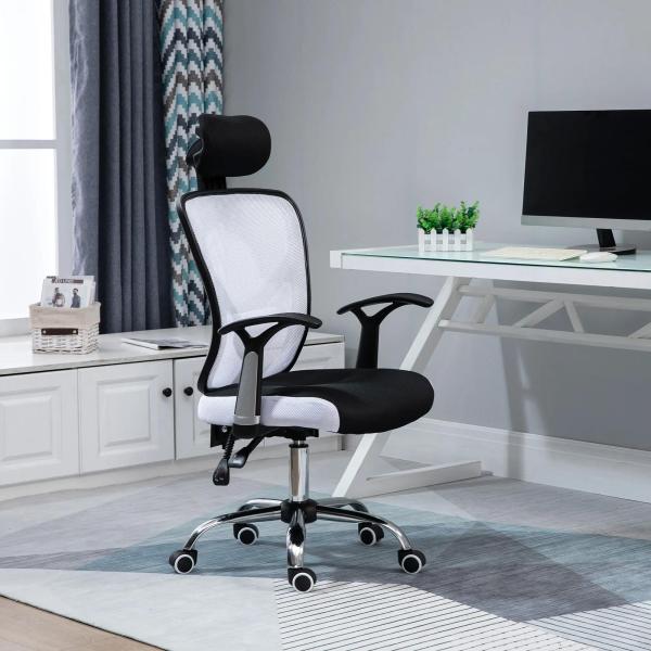 Cadeira de Escritório Ergonômica Cadeira de Escritório Giratória com Altura Ajustável Função Reclinável Apoio para a Cabeça e Suporte Lombar 65x67x108 - 118cm Branco