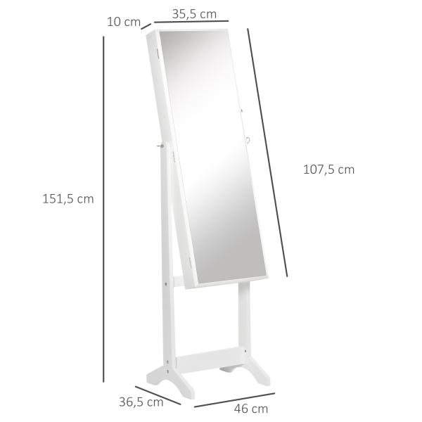 Espelho Joalheiro de Pé com Ângulos Ajustáveis Fechadura Magnética Organizador de Joias com Prateleiras 46x36,5x151,5cm Branco