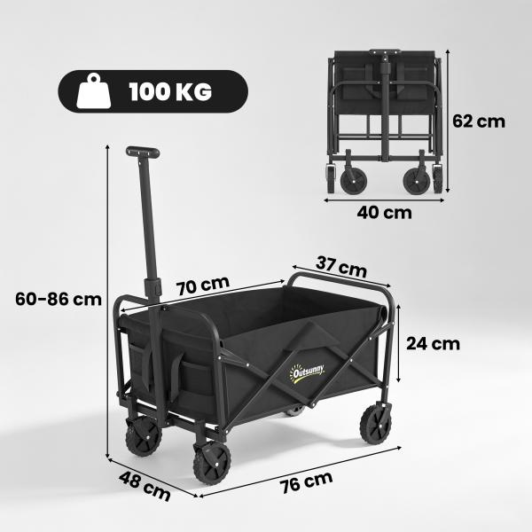 Carrinho de Transporte com Rodas Carrinho de Jardim Dobrável com Pega Telescópica Ajustável 2 Bolsas de Arrumação 64x42x27 cm Preto