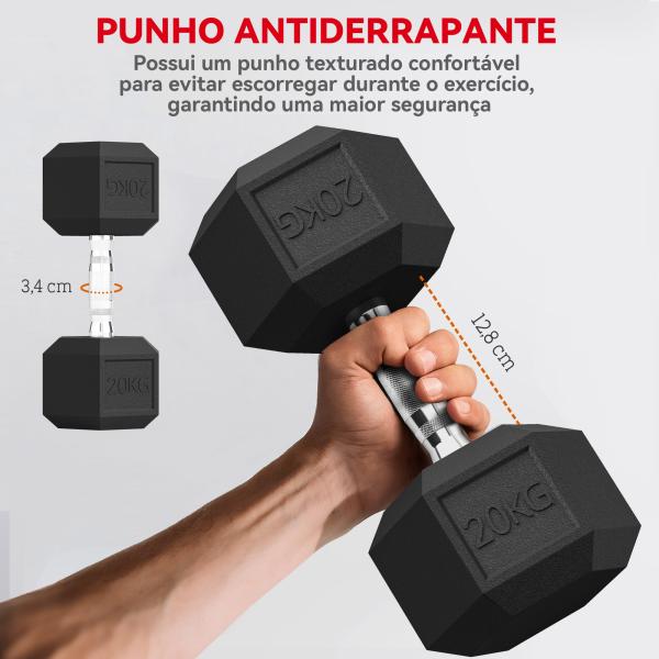 Haltere Hexagonal 20 kg de Ferro Fundido Pesos de Metal Revestidos de Borracha para Treino em Casa Ginásio 35,6x16,6x16,6 cm Preto