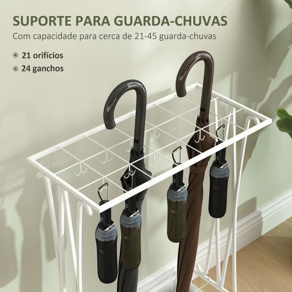 Suporte para Guarda - Chuva Moderno Retangular com 24 Ganchos 21 Espaços e Bandeja Recolhedora de Gotas 50x24x68 cm Branco