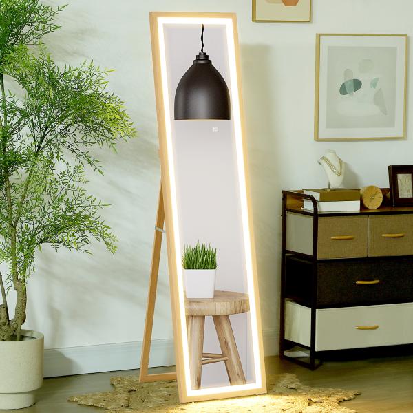 Espelho de Pé com Luz LED 40x160 cm Espelho de Corpo Inteiro com Iluminação de 3 Cores Tátil Função de Memória Madeira