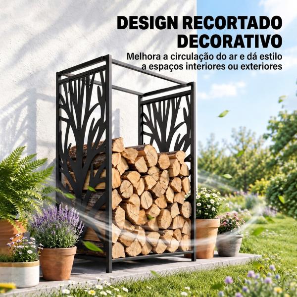 Suporte para Lenhas Suporte de Armazenamento para Lenhas 46x30x70 cm com 4 Ferramentas para Interior e Exterior Preto