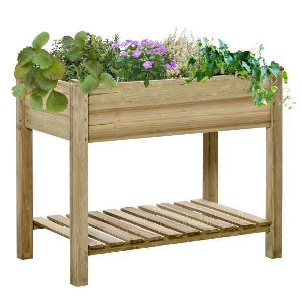 Horta Urbana de Madeira com Prateleira Mesa de Cultivo Retangular com Orifícios de Drenagem para Cultivos Plantas Jardim Terraço Exterior Carga 80 kg 91x51x76 cm Natural