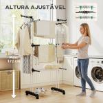 Estendal Dobrável para Roupa com Rodas Estendal Vertical de Aço com 3 Níveis Laterais Dobráveis 73x64x177cm Preto e Branco