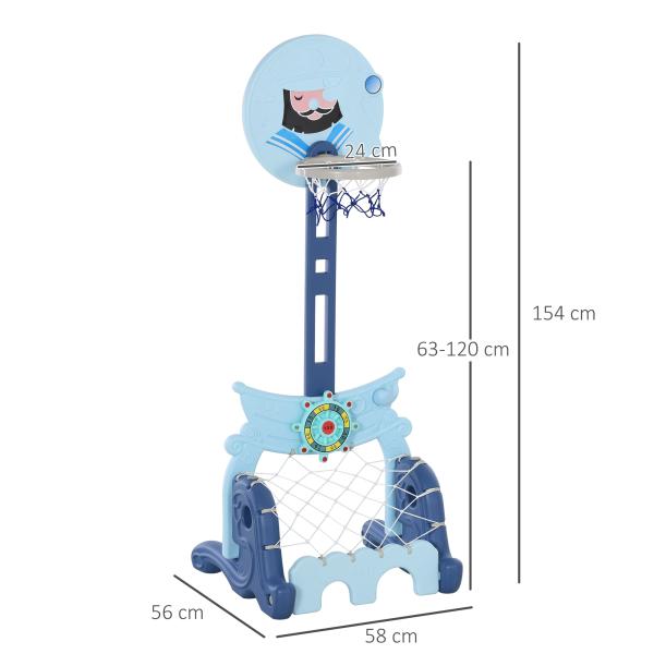 Tabela de Basquetebol 4 em 1 com Altura Ajustável para Crianças acima de 3 Anos Centro de Atividades 58x56x154cm Azul