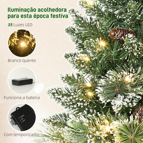 Mini Árvore de Natal Artificial com 35 Luzes LED 60 cm 64 Ramos com Neve Pinha Bagas e Base de Saco de Juta Ø41x60 cm Verde