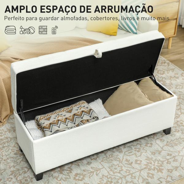 Banco de Armazenamento com 2 Dobradiças de Segurança Tampa Rebatível para Sala de Estar Quarto 120x40x48 cm Creme