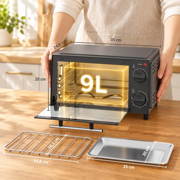 Mini Forno Elétrico 9 L de Bancada 750 W com Temperatura Ajustável e Temporizador, 35x24,6x20 cm, Cinzento