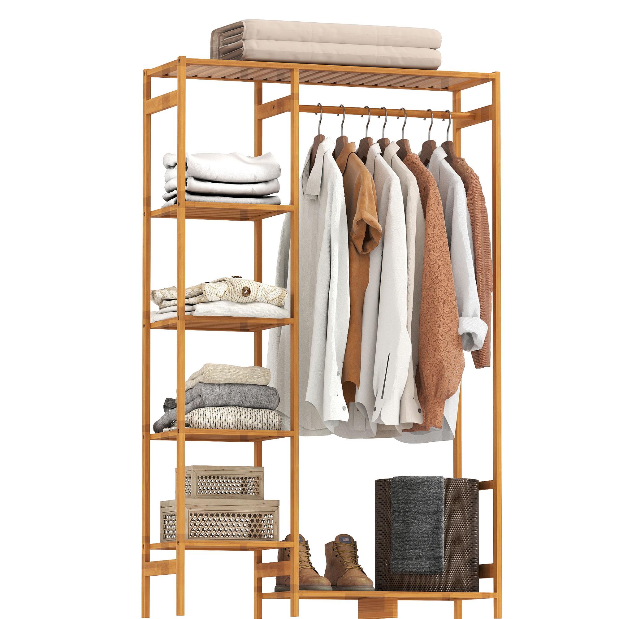 Suporte para Cabides de Bambu com Prateleira de Armazenamento de 6 Níveis e Vara Supensa 90x30x145 cm Madeira