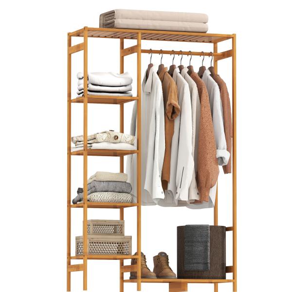 Suporte para Cabides de Bambu com Prateleira de Armazenamento de 6 Níveis e Vara Supensa 90x30x145 cm Madeira