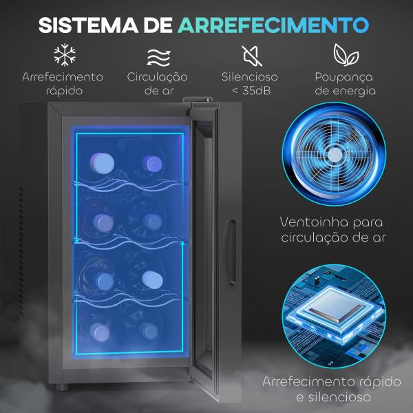 Cave para Vinhos com Refrigeração Termoelétrica Dupla Temperatura Ajustável 8 - 18℃ Porta de Vidro Anti - UV Ecrã LED Tátil Luz Interior 26,5x51,5x47,5 cm Preto