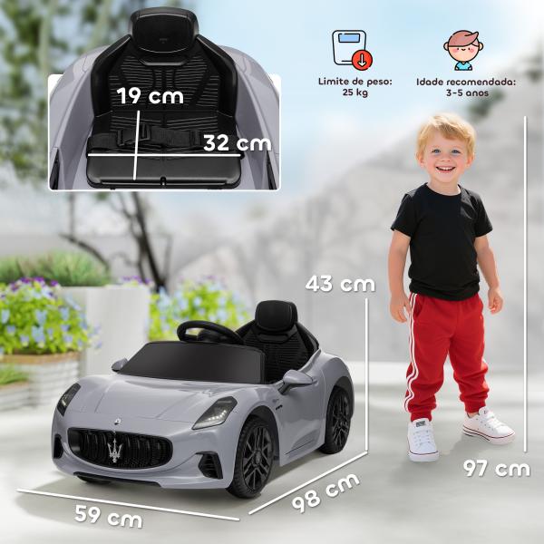 Carro Elétrico para Crianças Maserati Gran Turismo Folgore 12V Controlo Remoto Faróis Buzina e Música MP3 98x59x43 cm Cinza