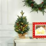 Árvore de Natal de Mesa 60 cm com 20 Luzes LED 141 Ramos 5 Pinhas 5 Cachos de Bagas Vermelhas e Suporte de Metal Verde