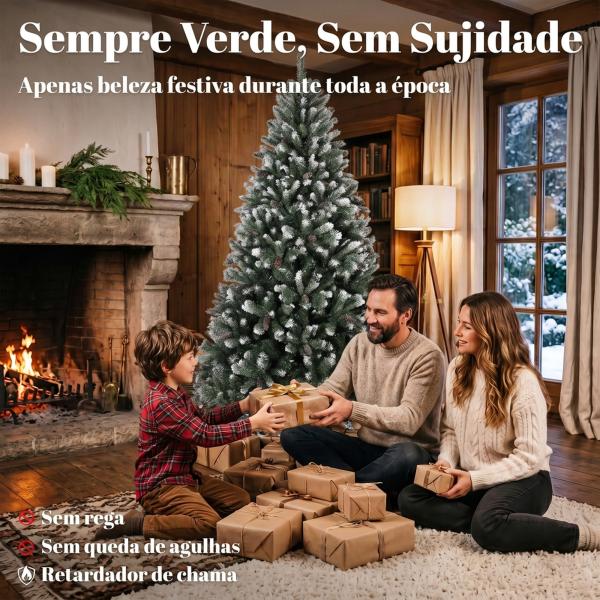 Árvore de Natal Artificial 180 cm com 802 Pontas Efeito Nevado, 59 Pinhas e Base Metálica Dobrável Verde e Branco