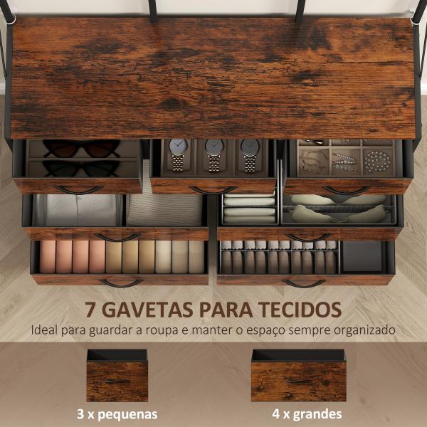 Suporte para Cabides Móvel de Arrumação com Sapateira 14 Ganchos 7 Gavetas de Tecido e Prateleira 100x30x183 cm Castanho Rústico