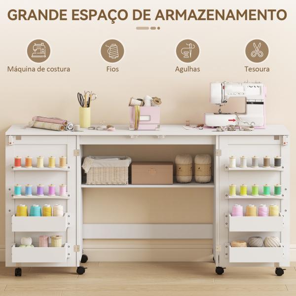 Mesa de Costura Dobrável com 6 Rodas Móvel para Máquina de Costura com 20 Pinos para Fios 4 Compartimentos 160x40x81,5 cm Branco
