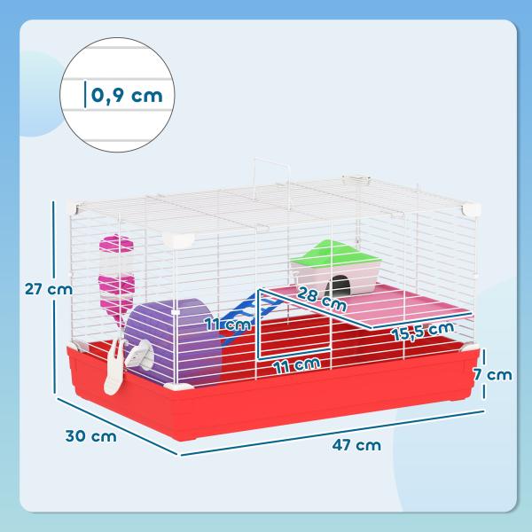 Gaiola para Hamster com Comedouro Bebedouro Rampa Ropa de Exercício para Pequenos Animais 47x30x27cm Branco e Vermelho