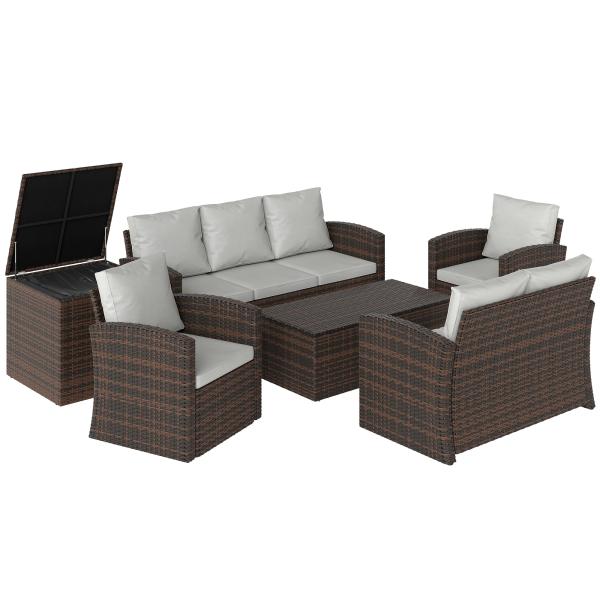 Conjunto de Jardim Exterior de Vime 6 Peças Almofadas Sofá Duplo Sofá de 3 Lugares 2 Poltronas 2 Mesas Auxiliares Bege