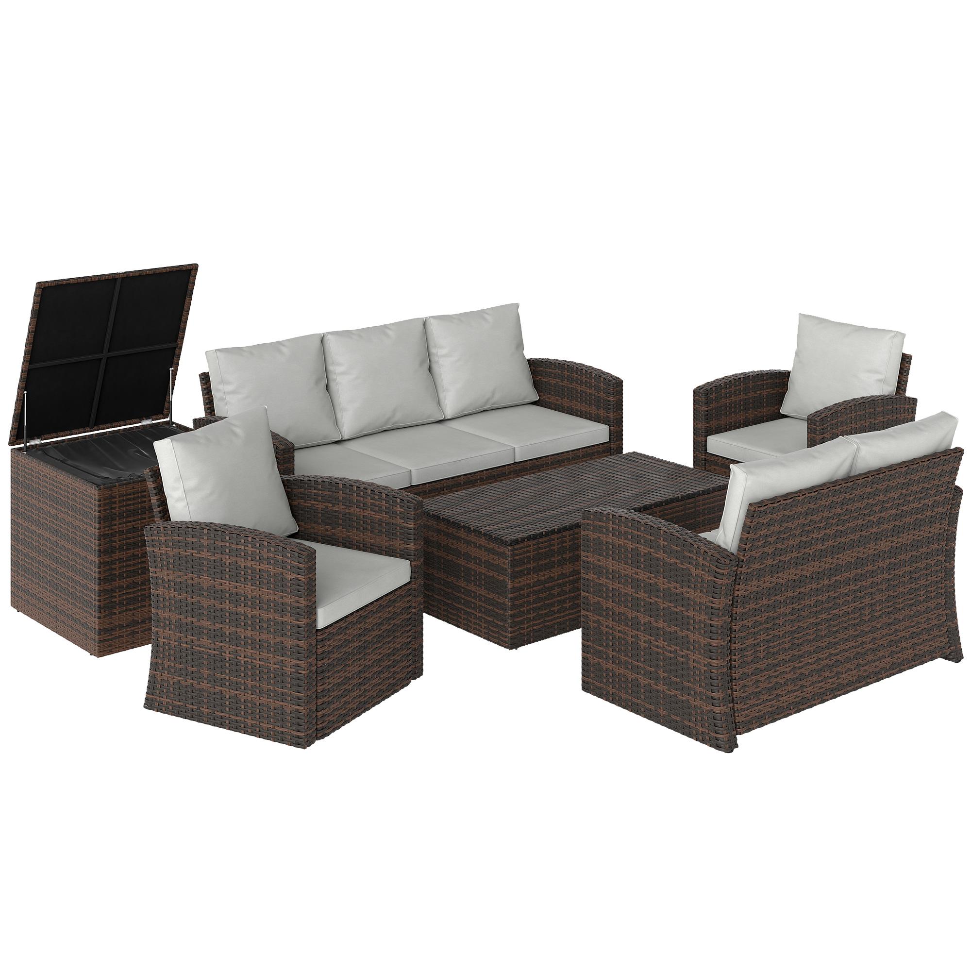 Conjunto de Jardim Exterior de Vime 6 Peças Almofadas Sofá Duplo Sofá de 3 Lugares 2 Poltronas 2 Mesas Auxiliares Bege