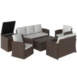 Conjunto de Jardim Exterior de Vime 6 Peças Almofadas Sofá Duplo Sofá de 3 Lugares 2 Poltronas 2 Mesas Auxiliares Bege